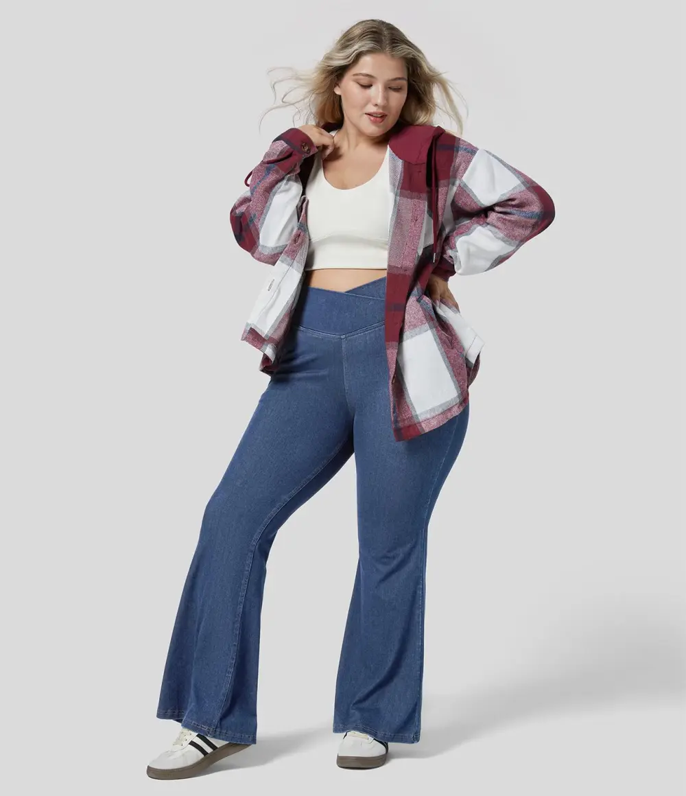 Magic High Waisted Crossover Pocket Cool Touch Breathable Washed Stretchy Knit Plus Size Casual Super Flare Jeans