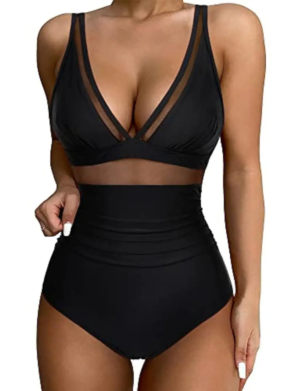  Mesh Panel High Waist One Piece Swimsuit Apparel