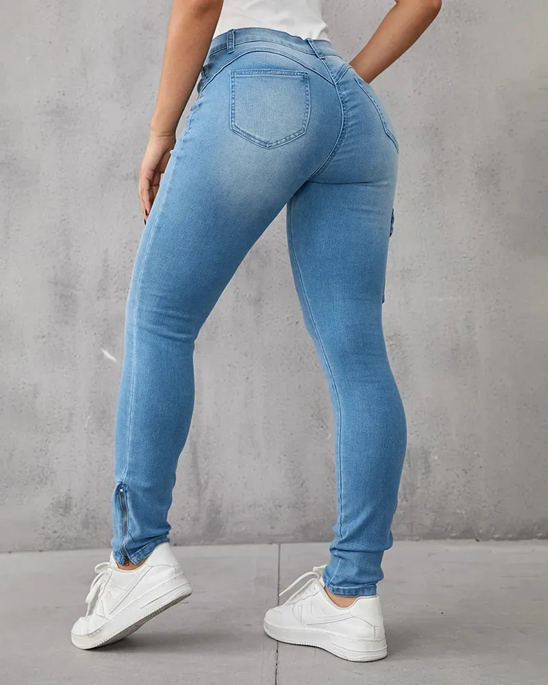 Flap Pocket Zipper Side Skinny Jeans