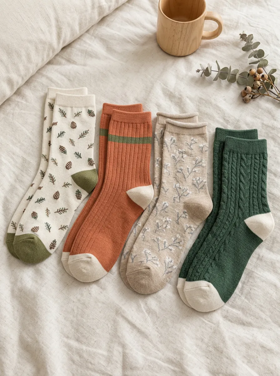 Women's Autumn Nature Lover Pinecone Floral Printed Socks Set