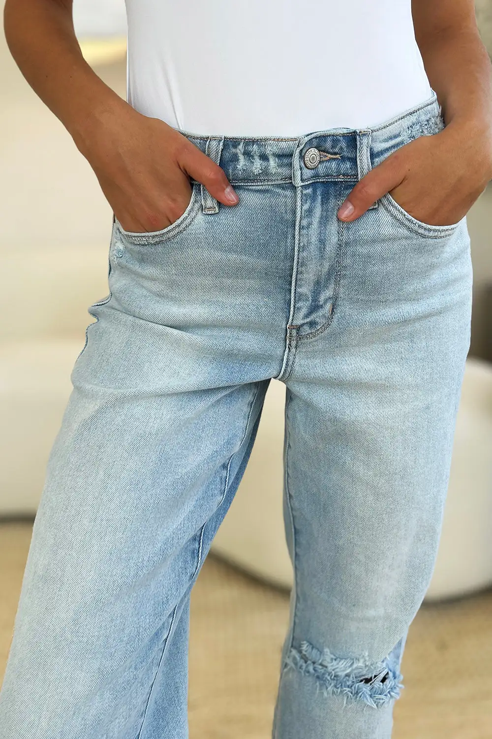 High Waist Distressed Straight Denim Jeans