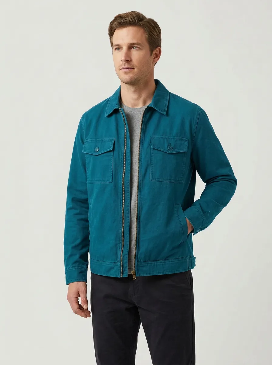 Men's Casual Navy Cotton Zip-Up Utility Jacket