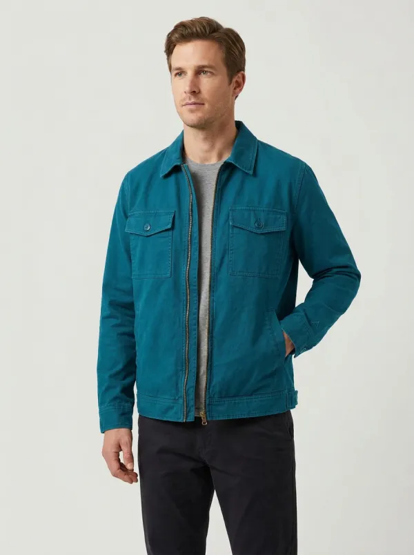 Men's Casual Navy Cotton Zip-Up Utility Jacket