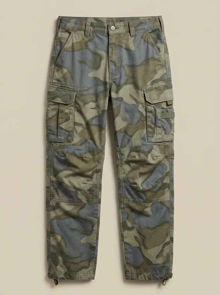 Men's Camo Reinforced-Knee Drawcord-Hem Cargo Pants
