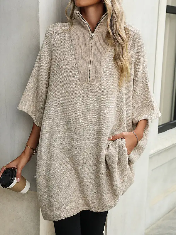 Paneled Zip Detail V-Neck Elbow Sleeve Relaxed Fit Sweater