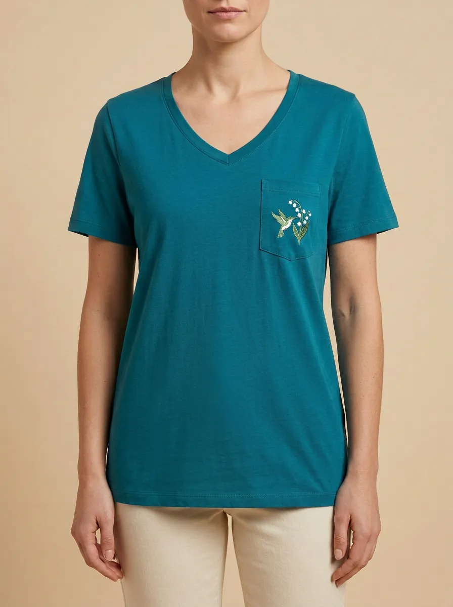 Women's Hummingbird & Lily-of-the-Valley Embroidered Pocket V-Neck T-Shirt