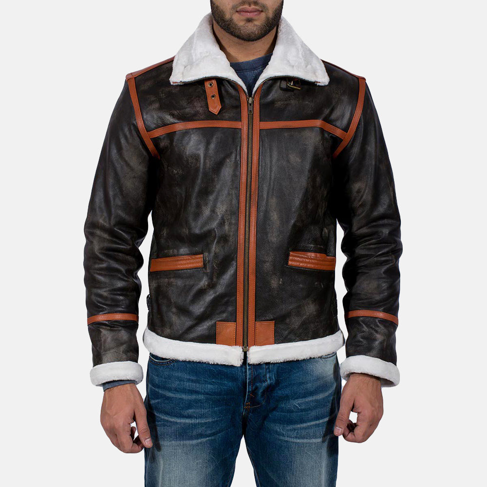 Men's Rugged Leather Fur Trim Jacket