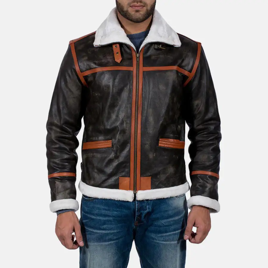 Men's Rugged Leather Fur Trim Jacket