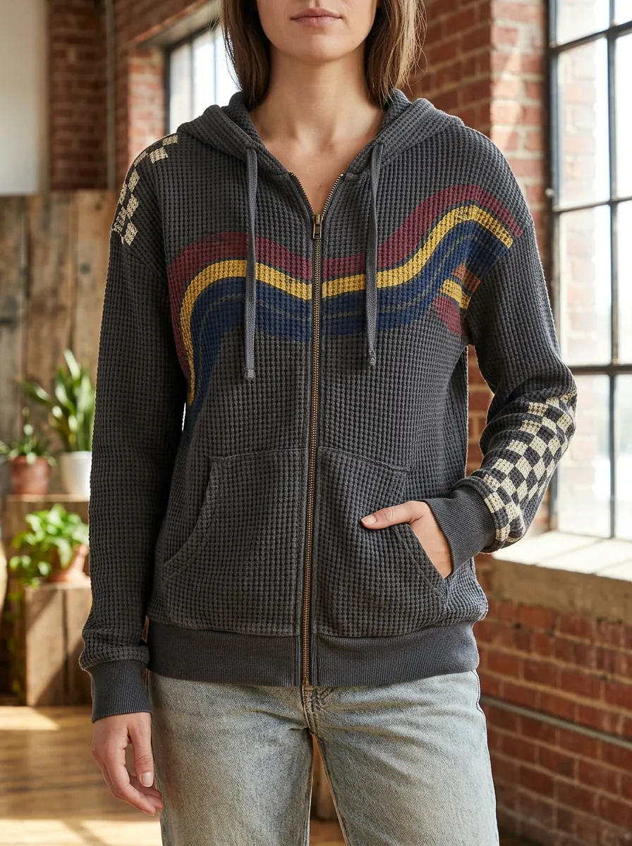 Women's Retro Rainbow Checkerboard Signature Pattern Waffle Zip-Up Hoodie