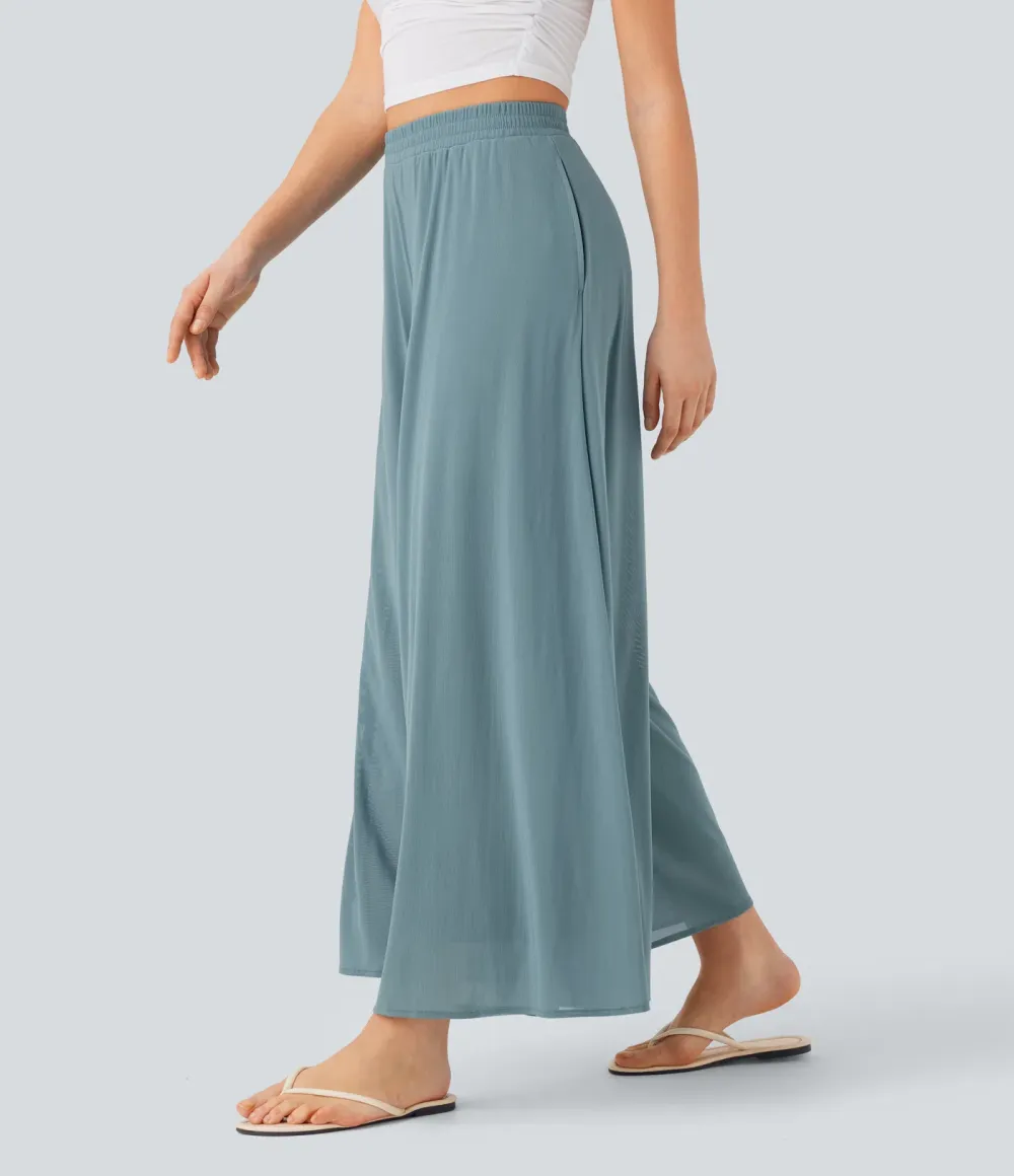High Waisted Pocket Mesh Overlay Wide Leg Casual Pants
