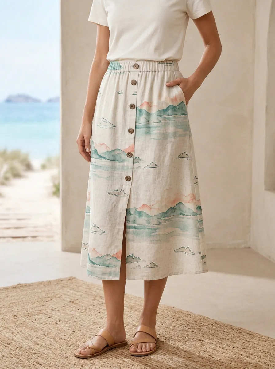 Women's Nature Lover Mountain Landscape Printed Button-Down Midi Skirt