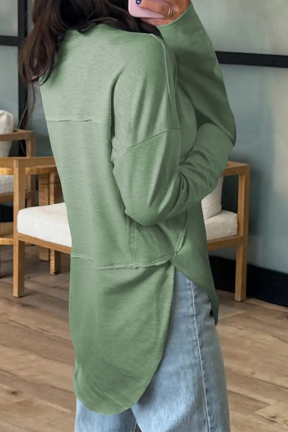 Women's Terry Notched Neck Long Sleeve Top