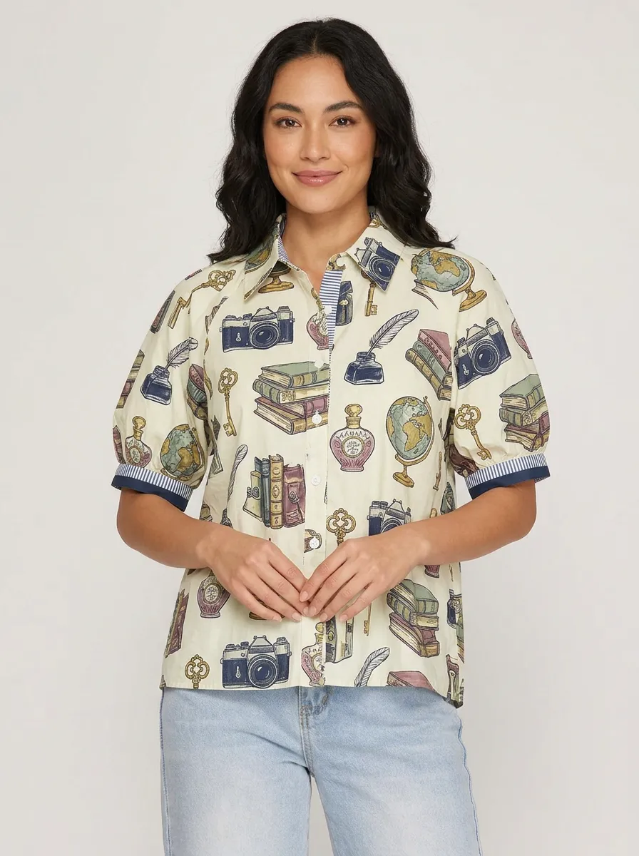 Women's Vintage Librarian Camera Books Globe Printed Shirt