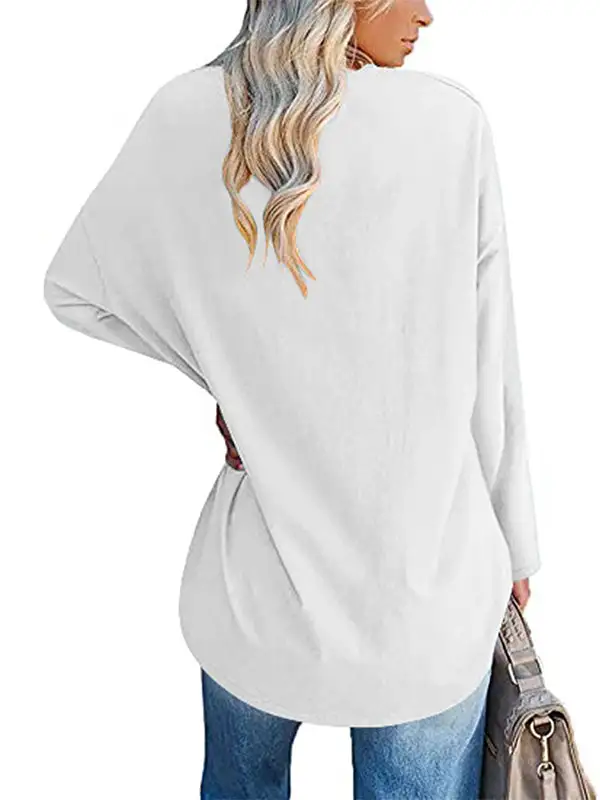 Long Sleeve Relaxed Sheer Panel Detail V-Neck T-Shirt