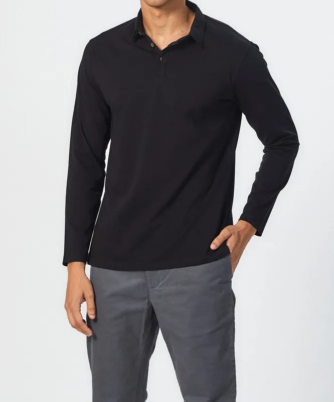 Black Long Sleeve Cotton Polo Shirt