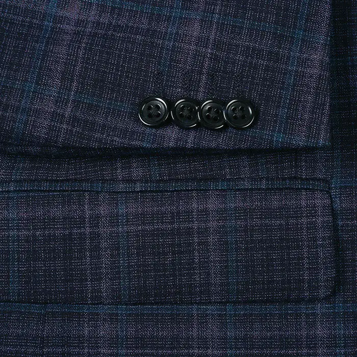 Navy Regular Fit Classic Wool Check Single Breasted Blazer