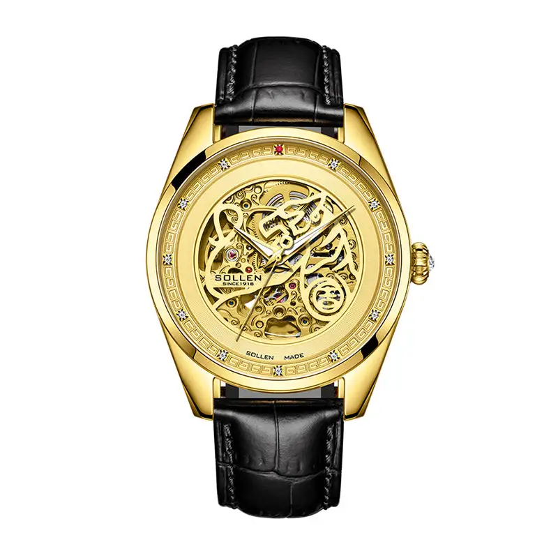 Sollen SL612 Automatic Watch - Men's All-Gold Case Embossed Tiger Skeleton Dial Premium Leather Strap Wristwatch