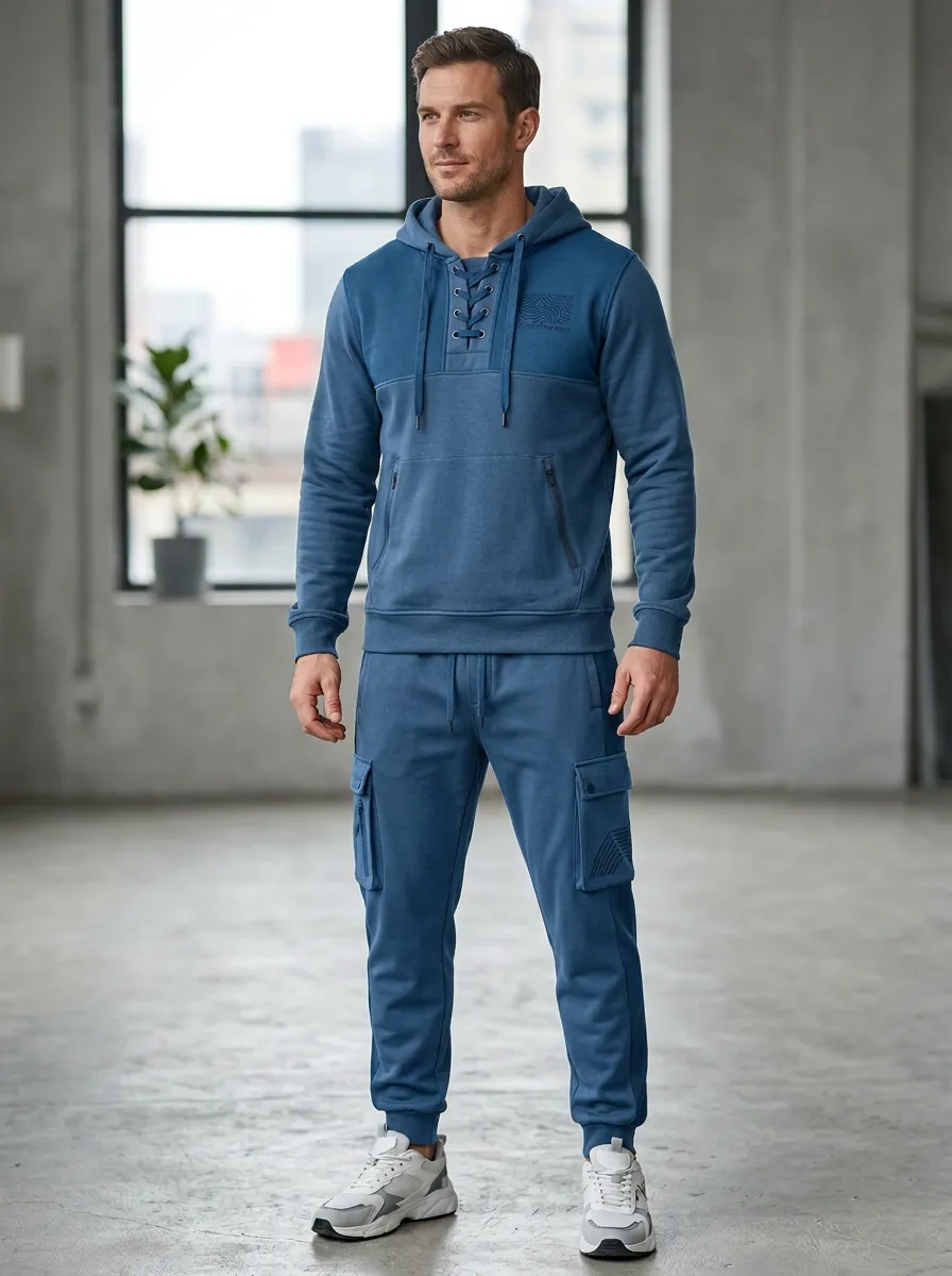 Urban Lace-Up Multi Pocket Finish Men's Lace Up Hoodie And Cargo Jogger Set