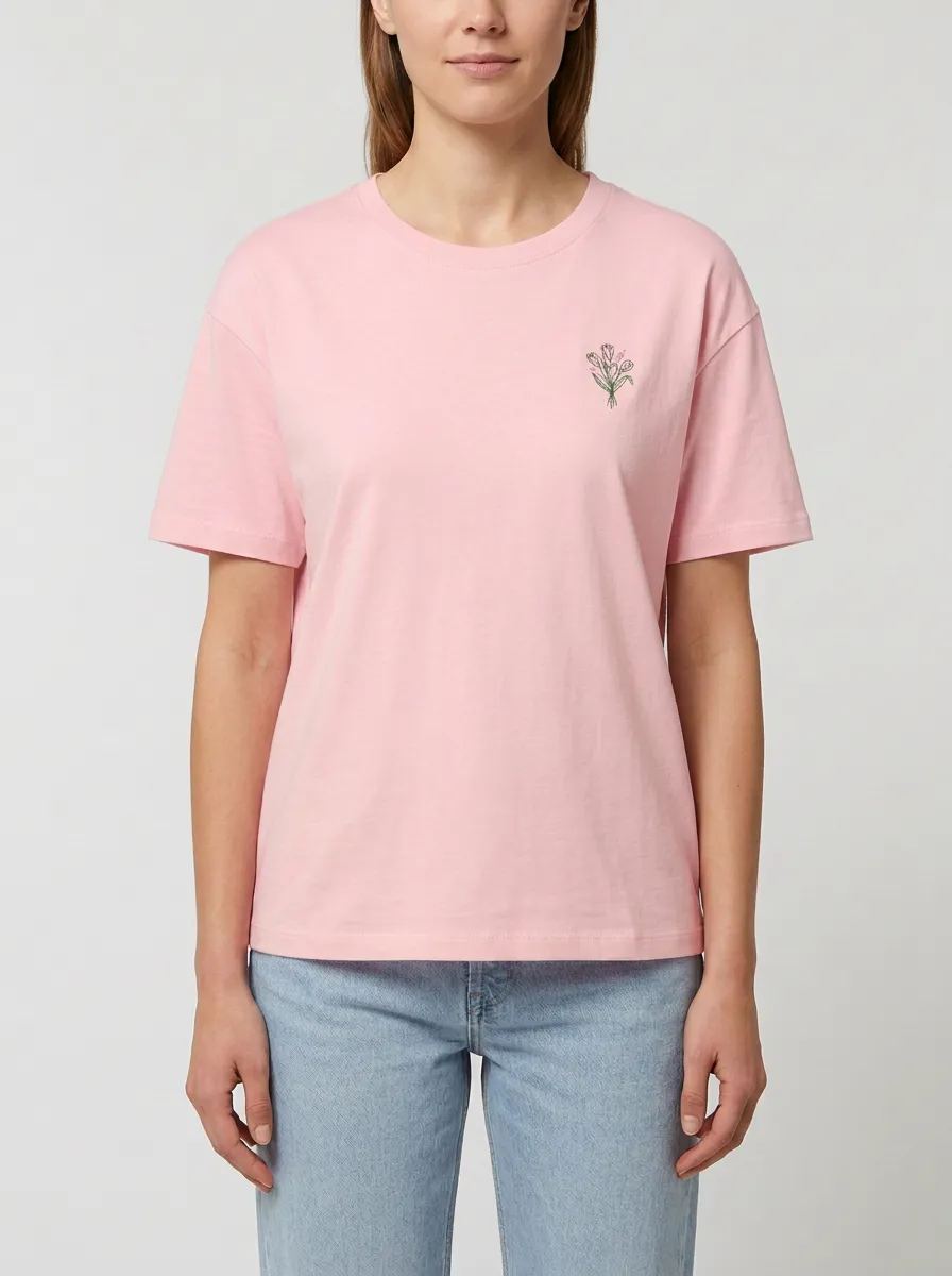 Women's Minimalist Tulip Bouquet Embroidered Crewneck T-Shirt