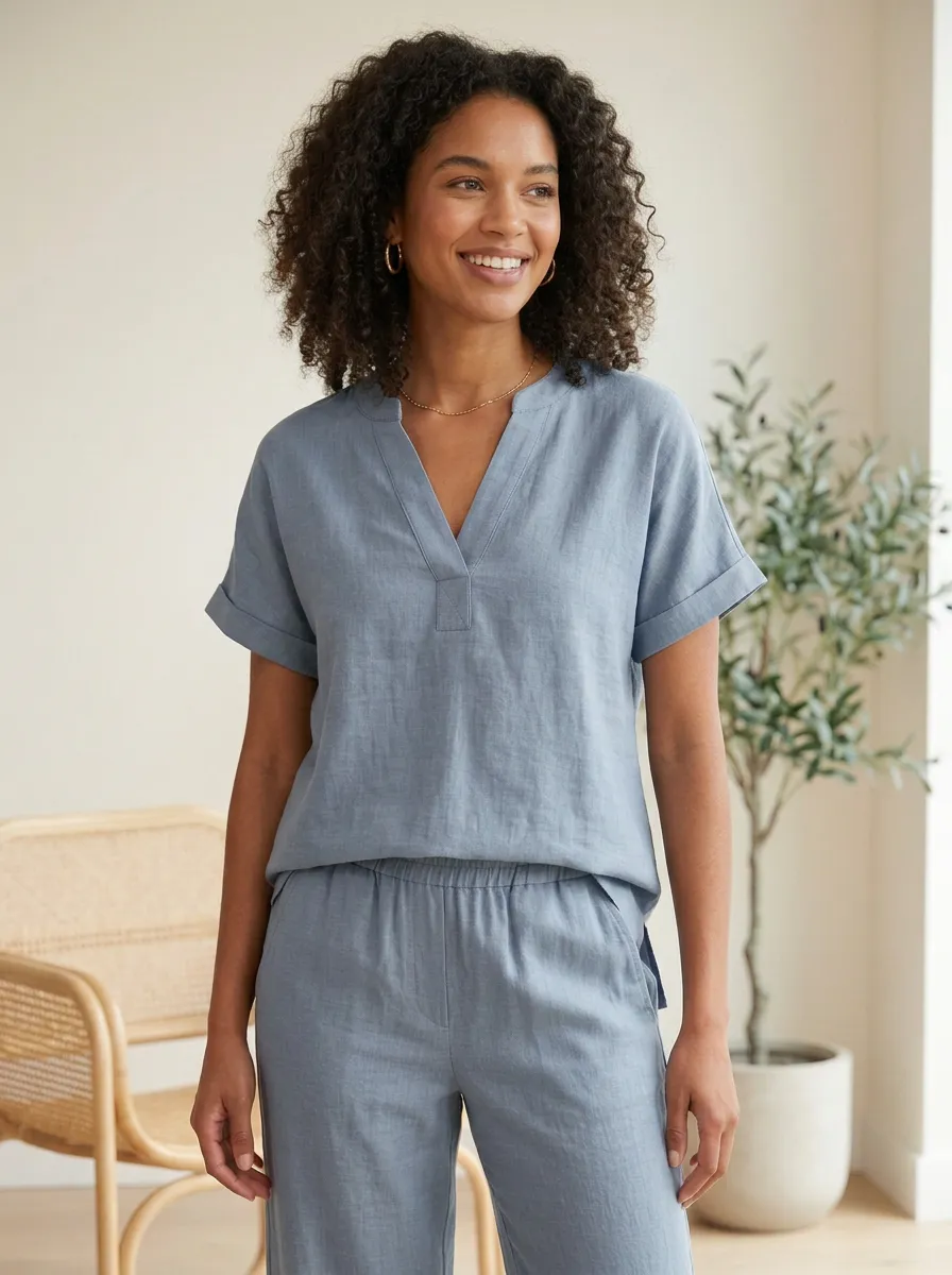 Easy-Wear Short-Sleeve Linen-Blend Women's V-Neck Casual Lounge Set