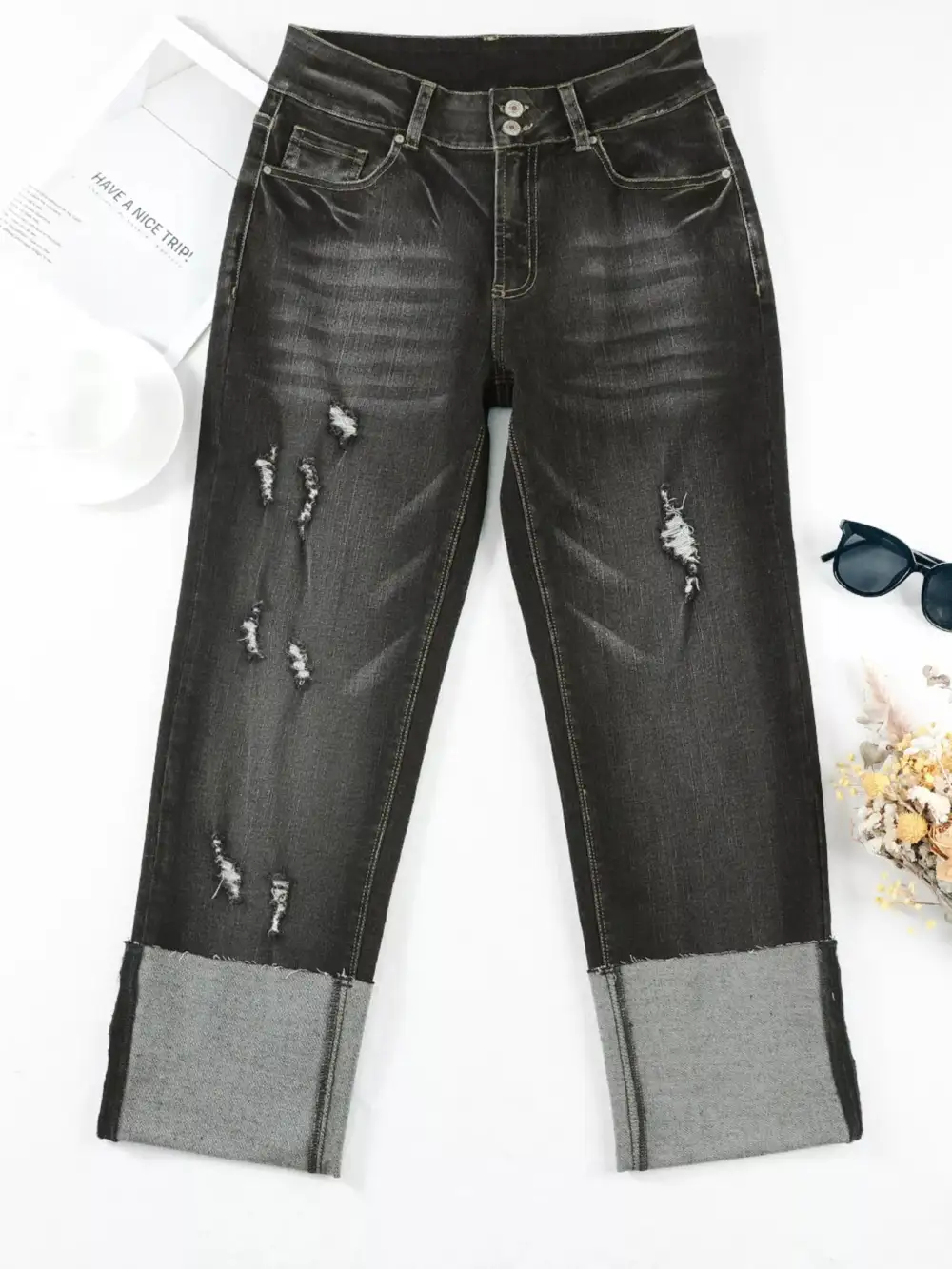 Washed High Waist Straight Leg Distressed Denim Jeans