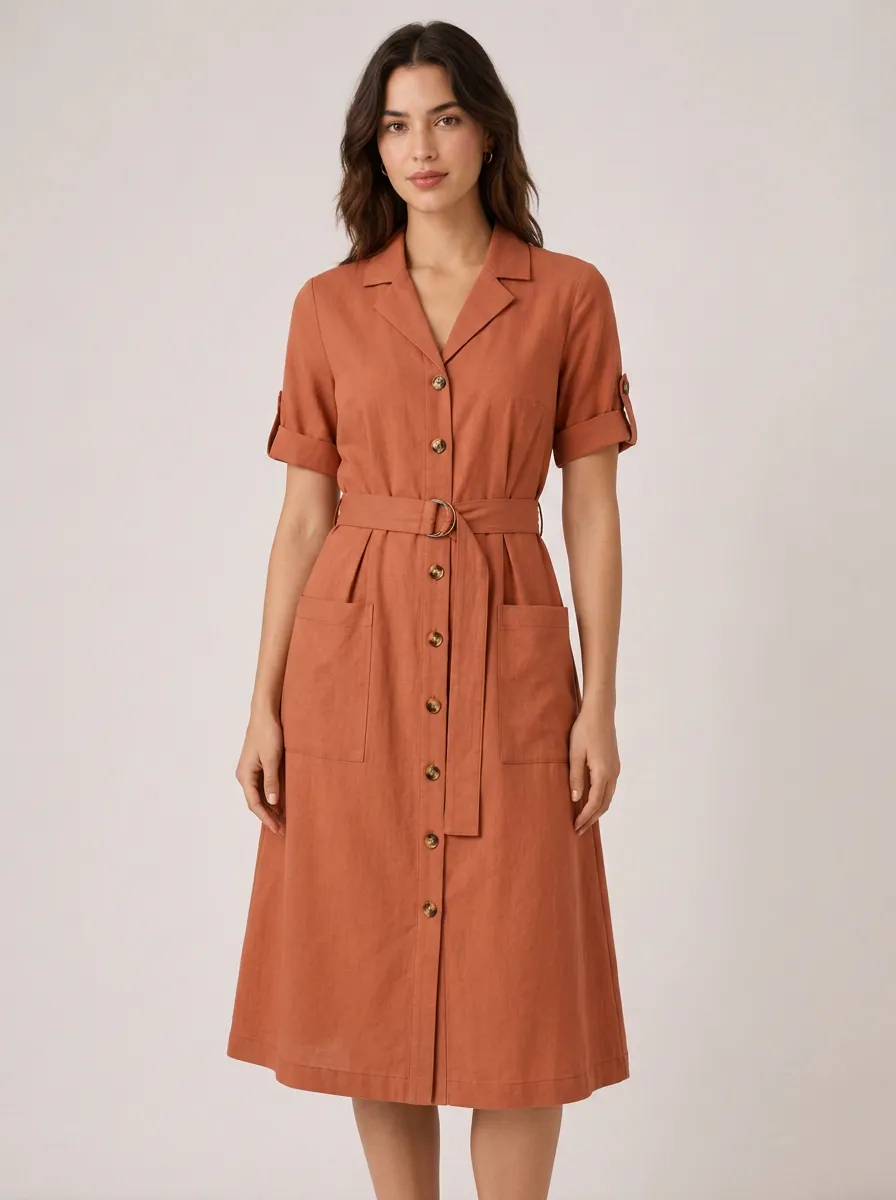 Women's Casual Vintage Rust Button-Down Belted Shirt Dress