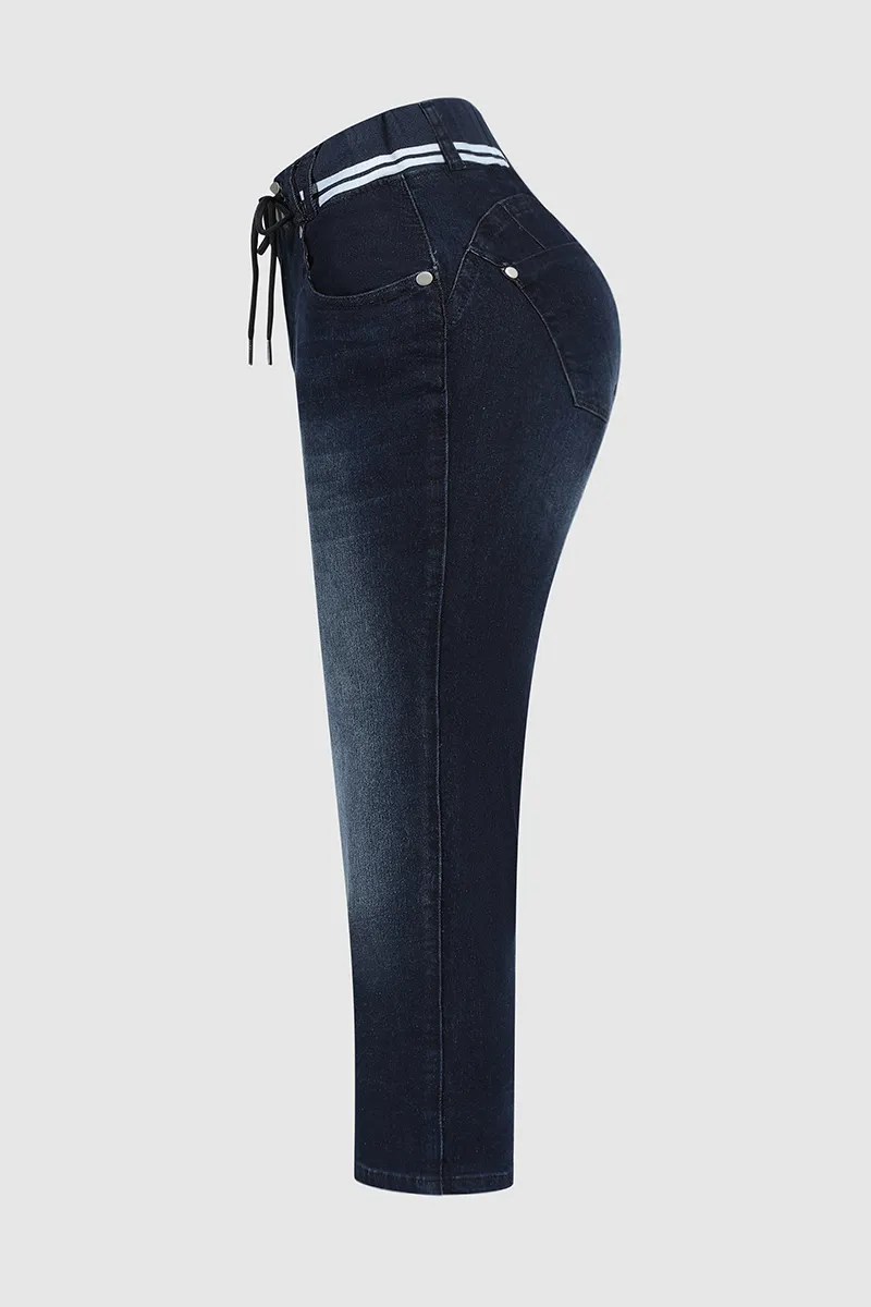 Double Button Drawstring Capris Jeans