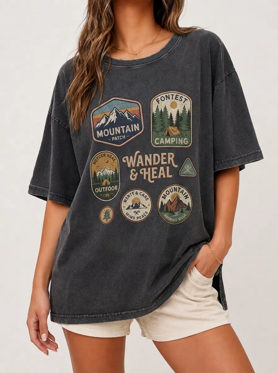 Women's Camping Lover Wander & Heal Mountain Patch Printed T-shirt