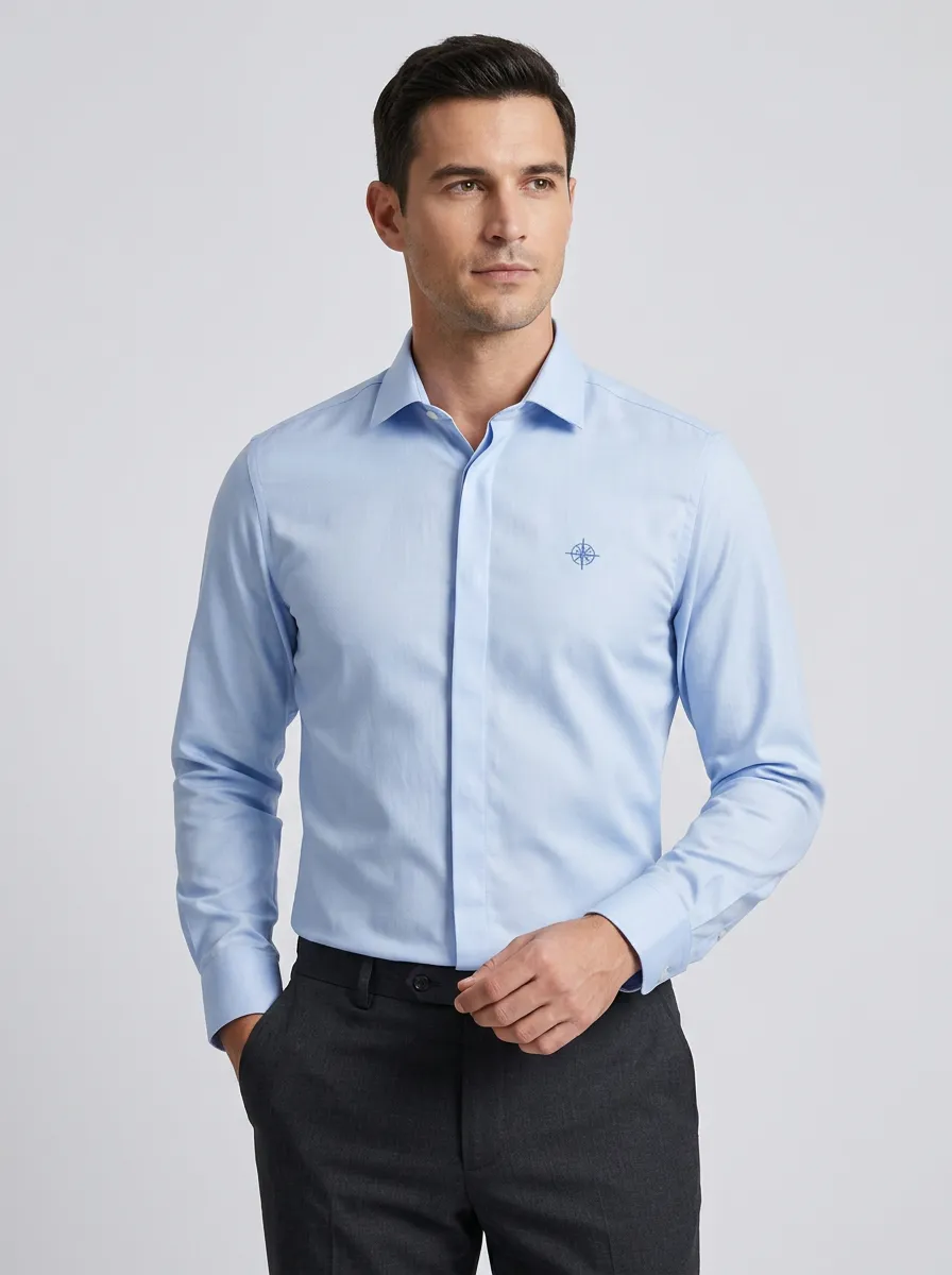 Men's Non-Iron Cotton Compass Embroidered Long Sleeve Shirt
