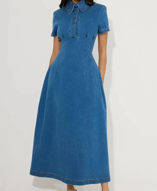 Light Blue Denim Collared Midi Dress