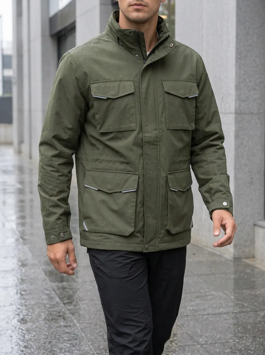 Men's Olive Green Multi-Pocket Waterproof Field Jacket
