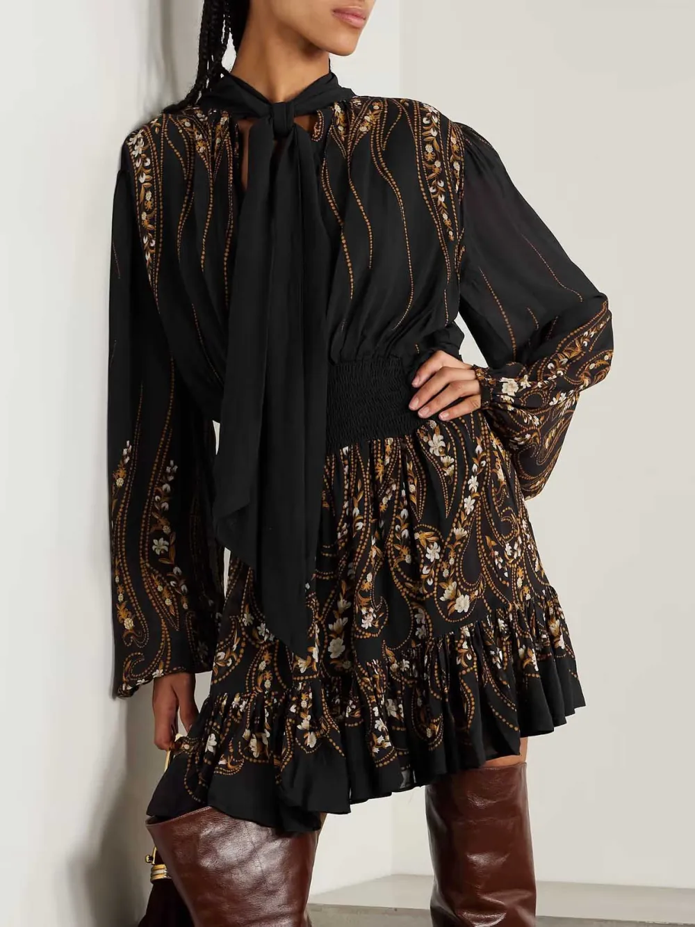 Tie Neck Printed Chiffon Flowy Mini Dress