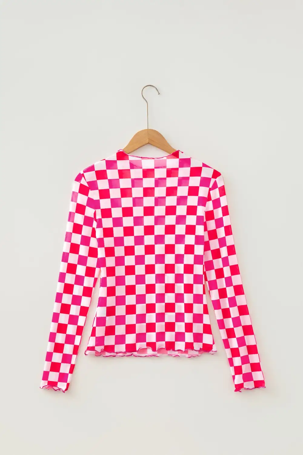 Checkered Print Mesh Stretch Fabric Long Sleeve Blouse
