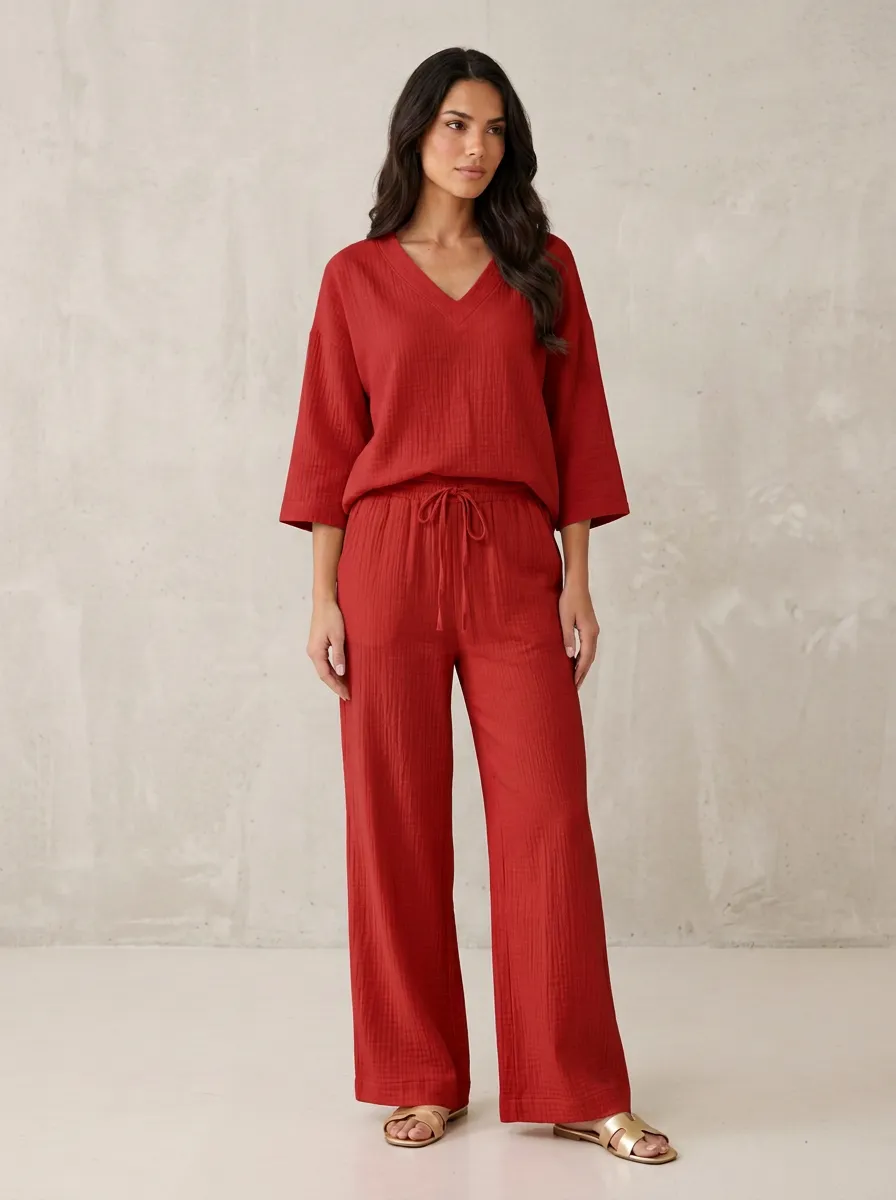 Women's Elbow-Sleeve V-Neck Top And Drawstring Wide-Leg Trouser Lounge Set