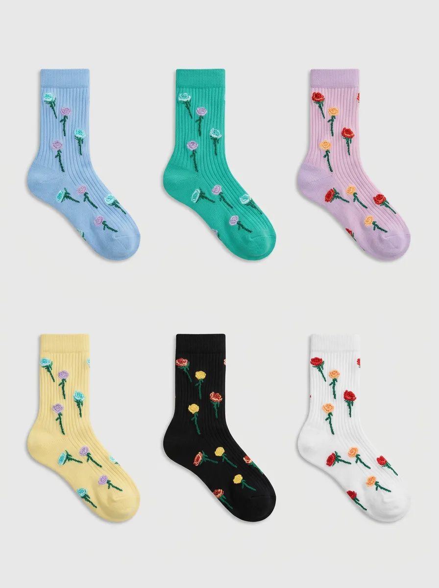 Women's Multicolor Floral Embroidered Ribbed Crew Pastel Socks 6-Pack