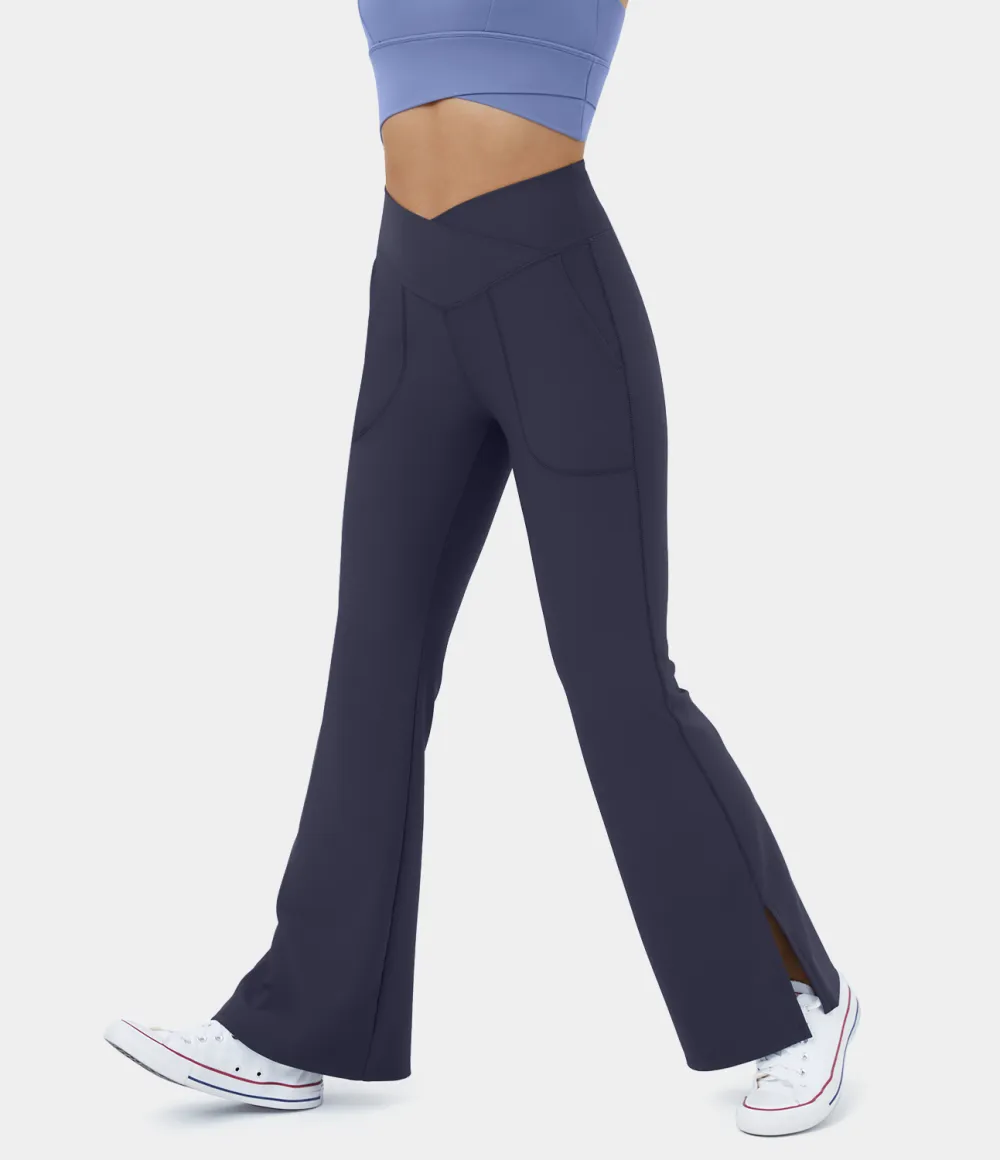 Patitoff Flow Pet Hair Resistant Crossover Pocket Split Hem Yoga Flare Leggings-Smile