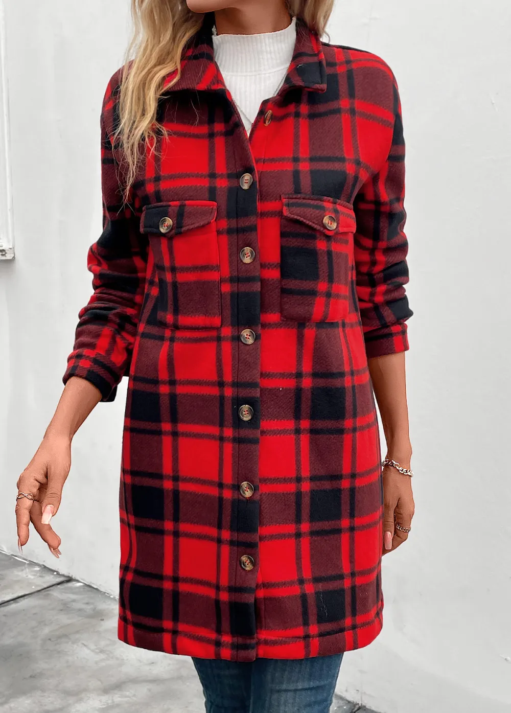 Red Pocket Plaid Long Sleeve Turn Down Collar Coat