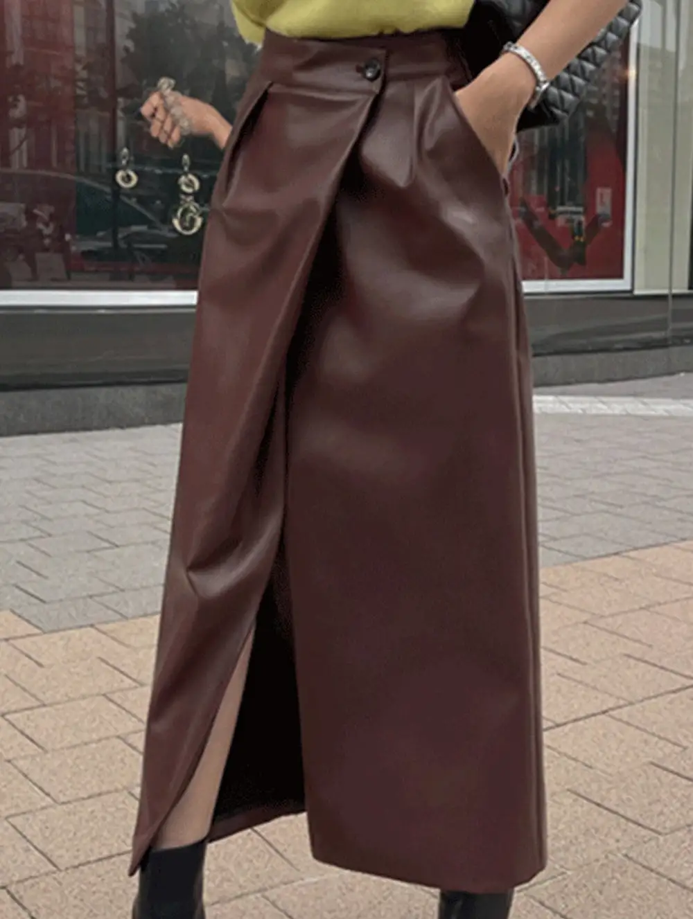 Leather Look Slit Midi Skirt