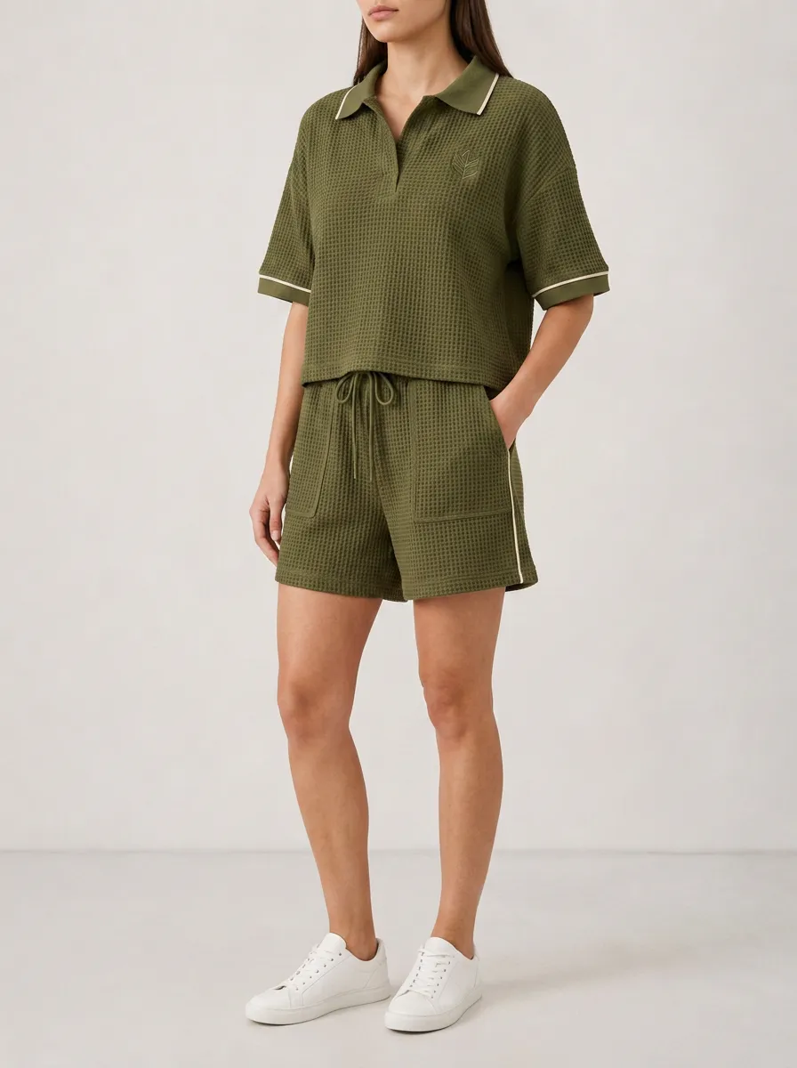 Women's Olive Green Waffle Knit Embroidered Polo Shirt