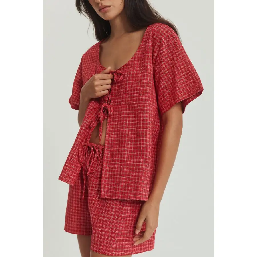 Plaid Tied Scoop Neck Short Sleeve Top and Drawstring Shorts Set