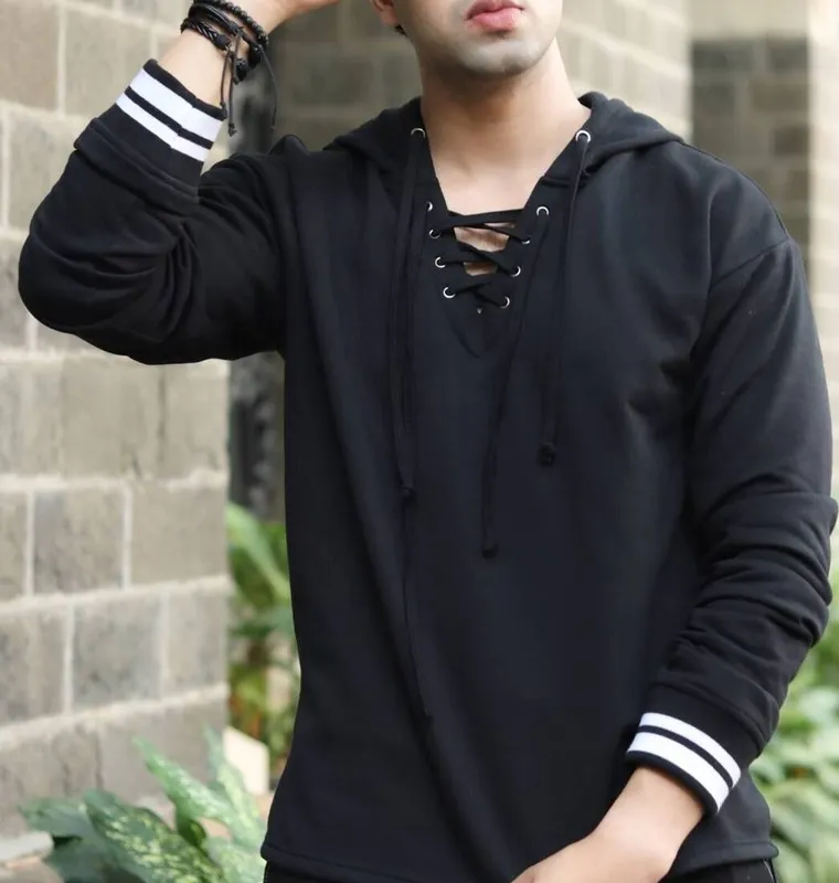 Black Long Sleeve Fleece Henley Hoodie