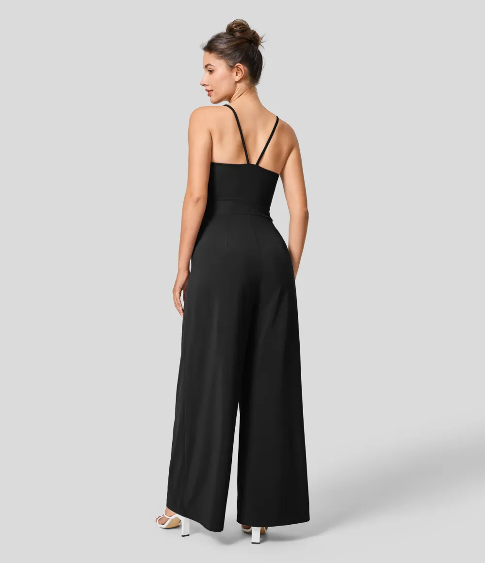 Breezeful Backless Side Invisible Zipper Pocket Wide Leg Quick Dry Resort Slip Jumpsuit
