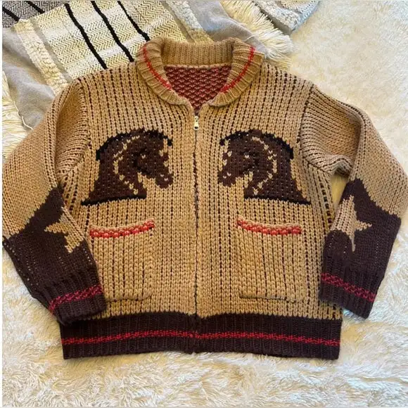 Western Geometric Horse Motif Zip Front Cardigan