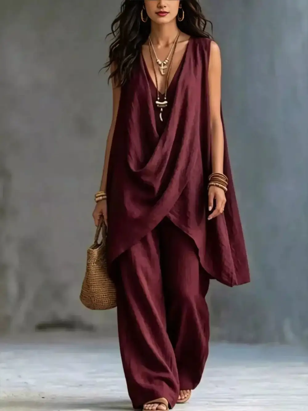 Sleeveless Asymmetrical Top and Wide Leg Pants Set