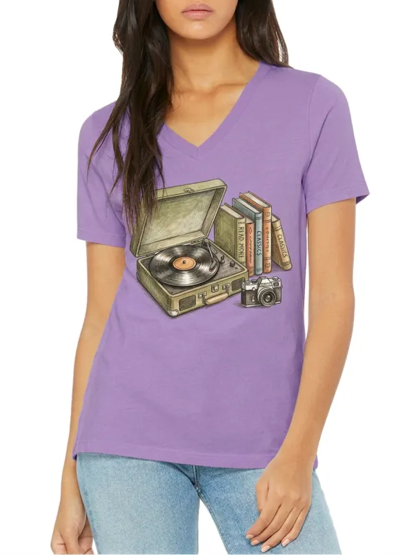 Women's Book Lover Retro Record Player Camera Printed V-neck T-shirt