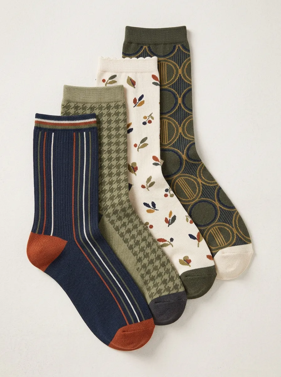 Houndstooth Geometric Floral Striped Four-Pair Casual Socks