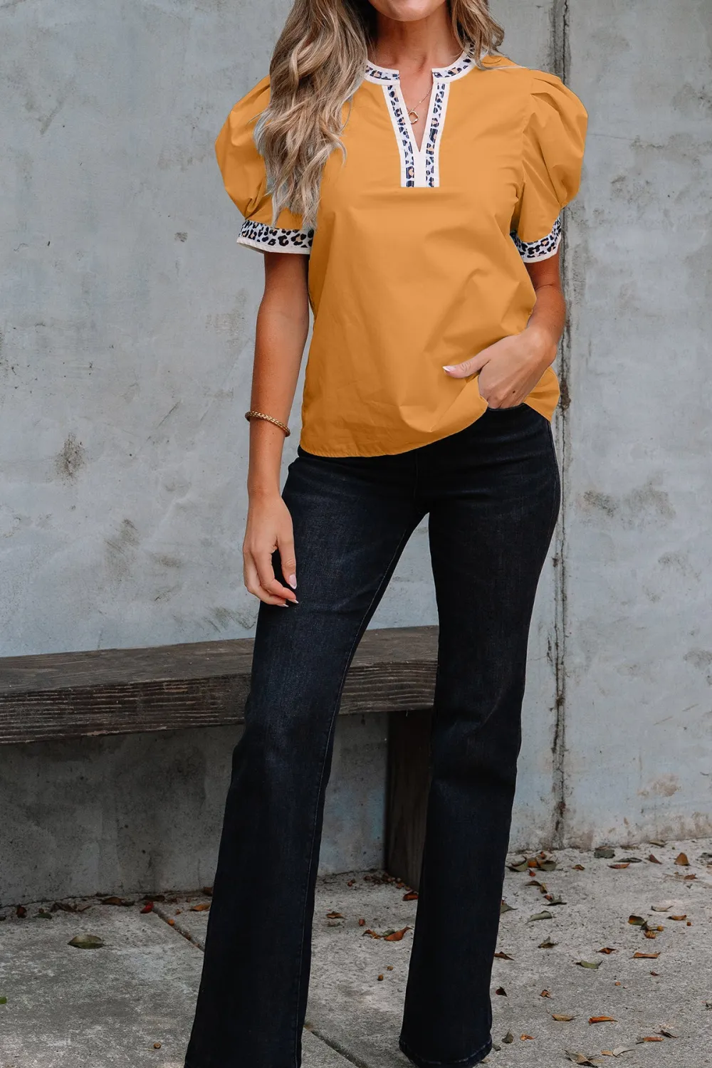 Leopard Print Puff Sleeve Split Neck Blouse