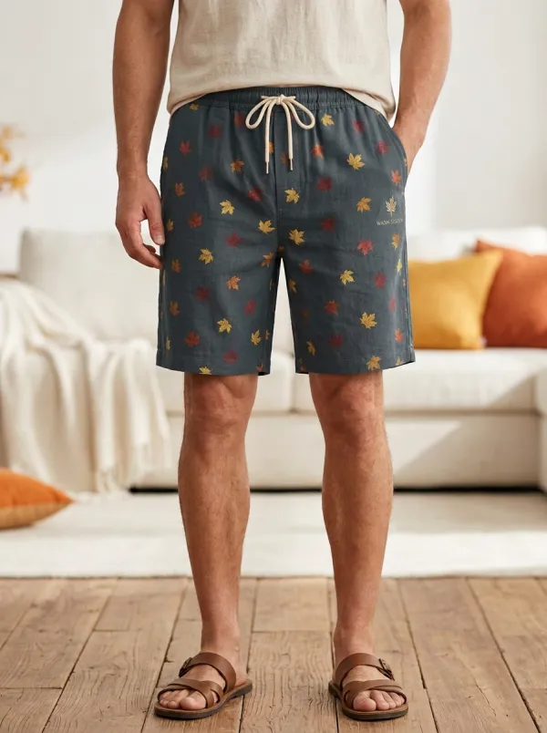 Maple Leaf Print Drawstring Charcoal Shorts