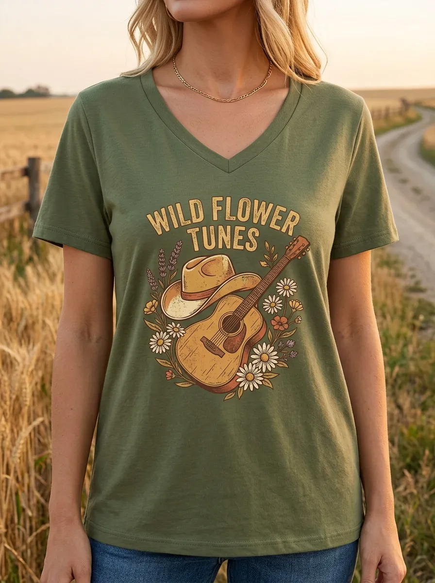 Cowboy-Hat Floral Guitar Women's V-Neck T-Shirt