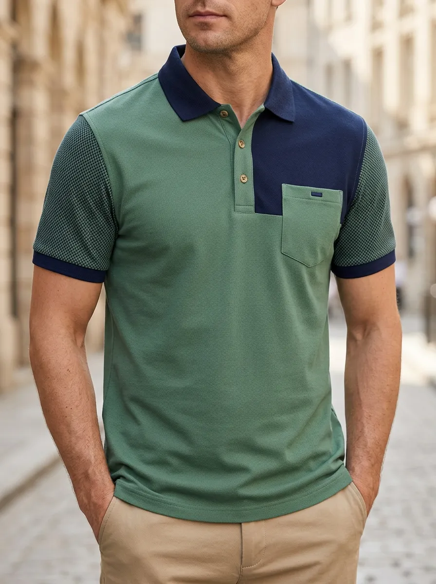 Men's Colorblock Pocket Textured Sleeve Textured Polo Shirt